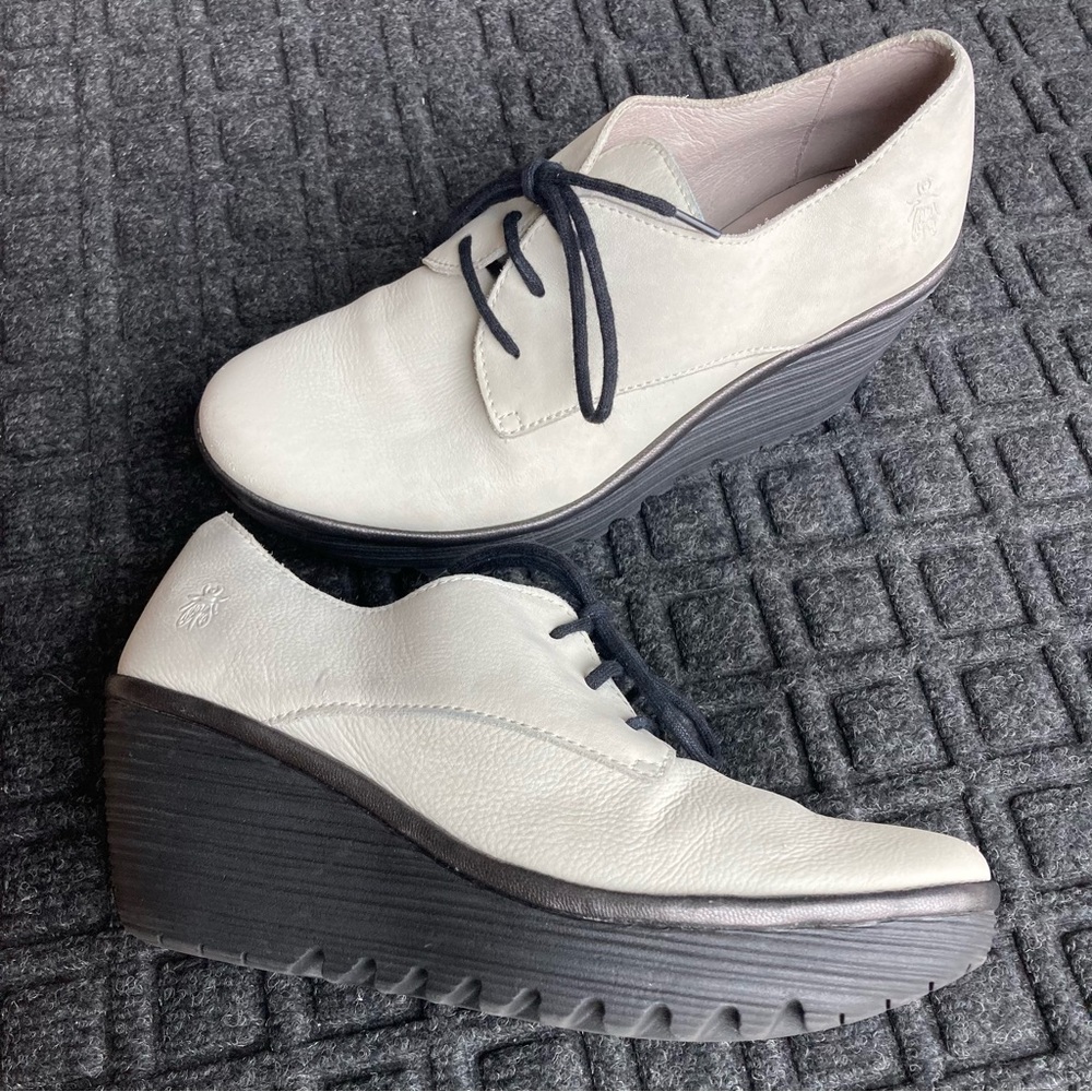 Fly London Cream and Black Wedge Shoes 9-9.5 EU40